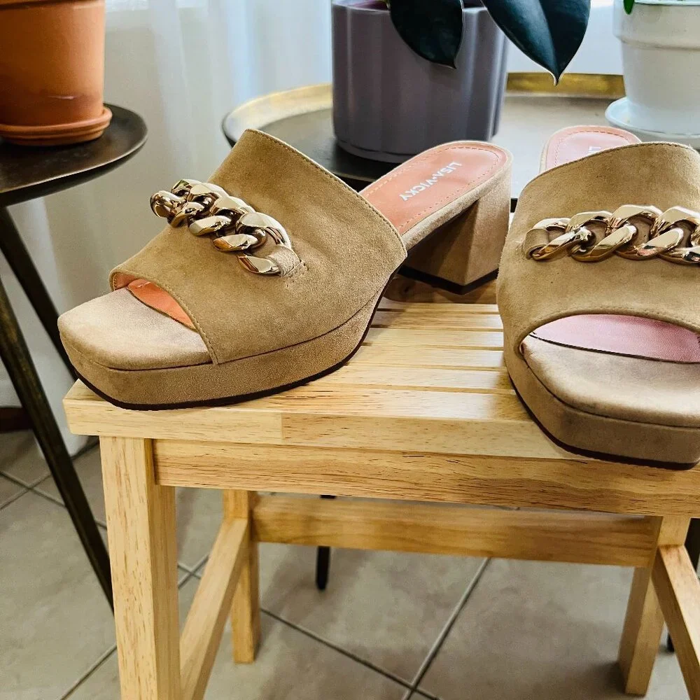 Suede Platform Slides with Gold Chain